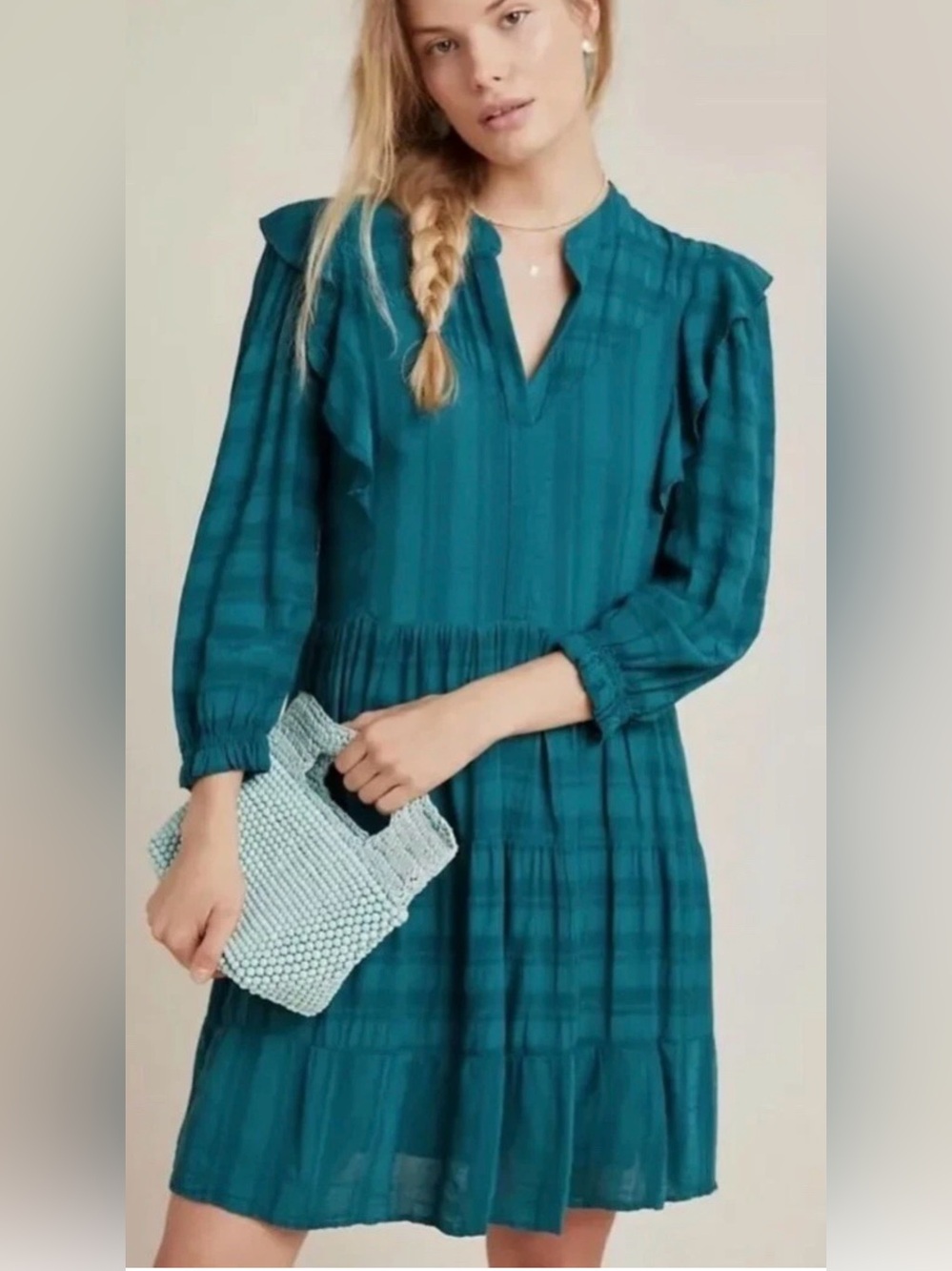 Anthropologie, Amadi Rossi, Ruffled tunic dress in teal. Size Large